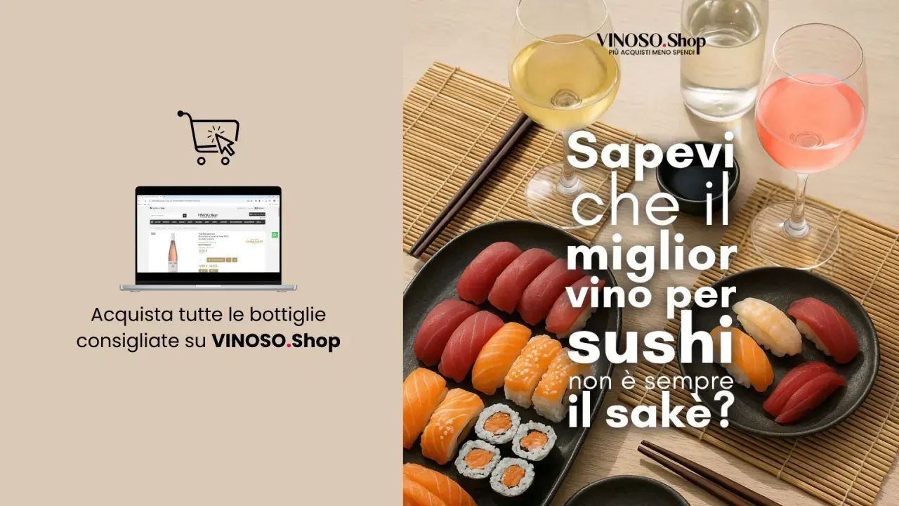 A plate of sushi and two glasses of wine are shown, with text overlay asking if sake is always the best wine for sushi.