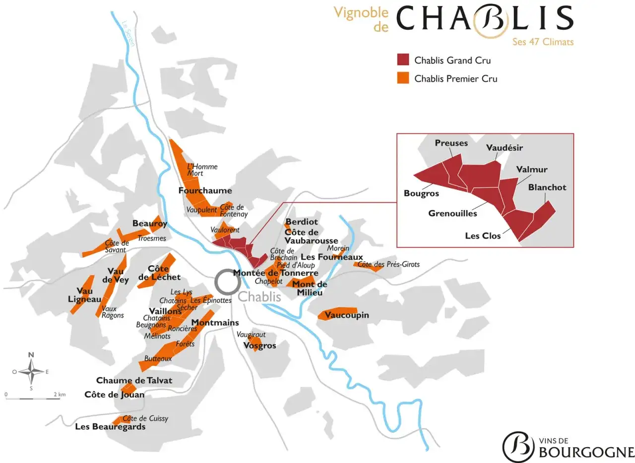 Mappa del vignoble di Chablis, con i cru Grand Cru in rosso e Premier Cru in arancione. Esplora i 47 climats.