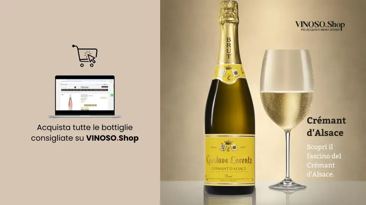 Bottiglia e calice di Crémant d'Alsace, con un laptop che mostra il sito VINOSO.Shop. Scopri il fascino del Crémant d'Alsace.