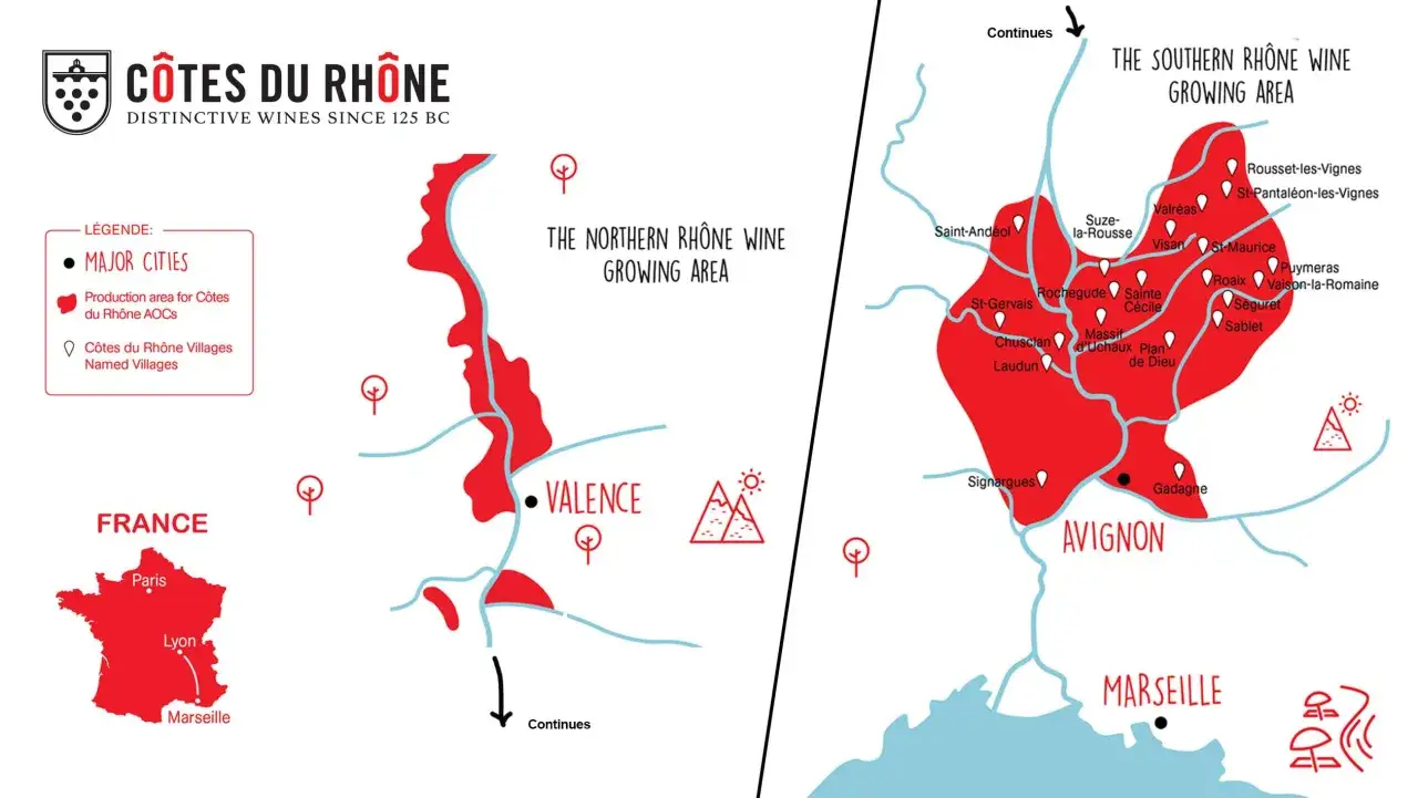 Mappa delle aree di produzione del vino C&ocirc;tes du Rh&ocirc;ne, con le zone settentrionali e meridionali evidenziate in rosso.