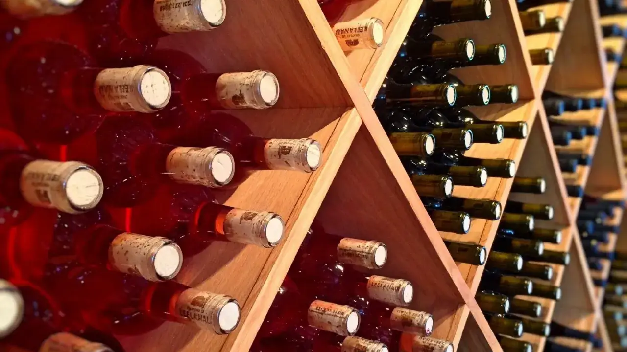 Scaffalature in legno piene di bottiglie di vino rosso e scuro. Un invito a investire nel vino, un piacere che matura nel tempo.