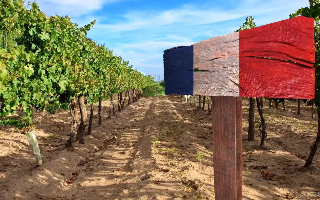 Vigneto di uve cabernet con cartello a bandiera francese.