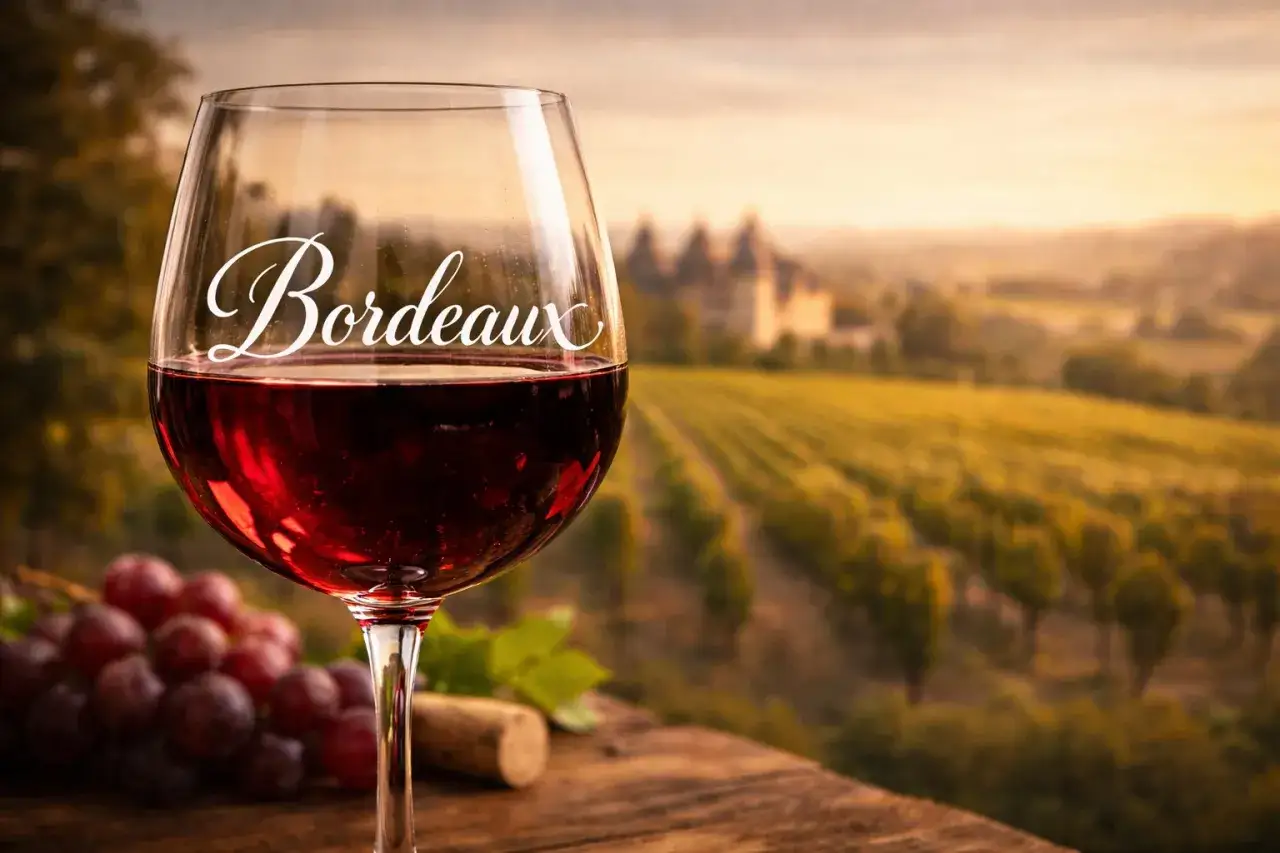 Calice di vino rosso con la scritta