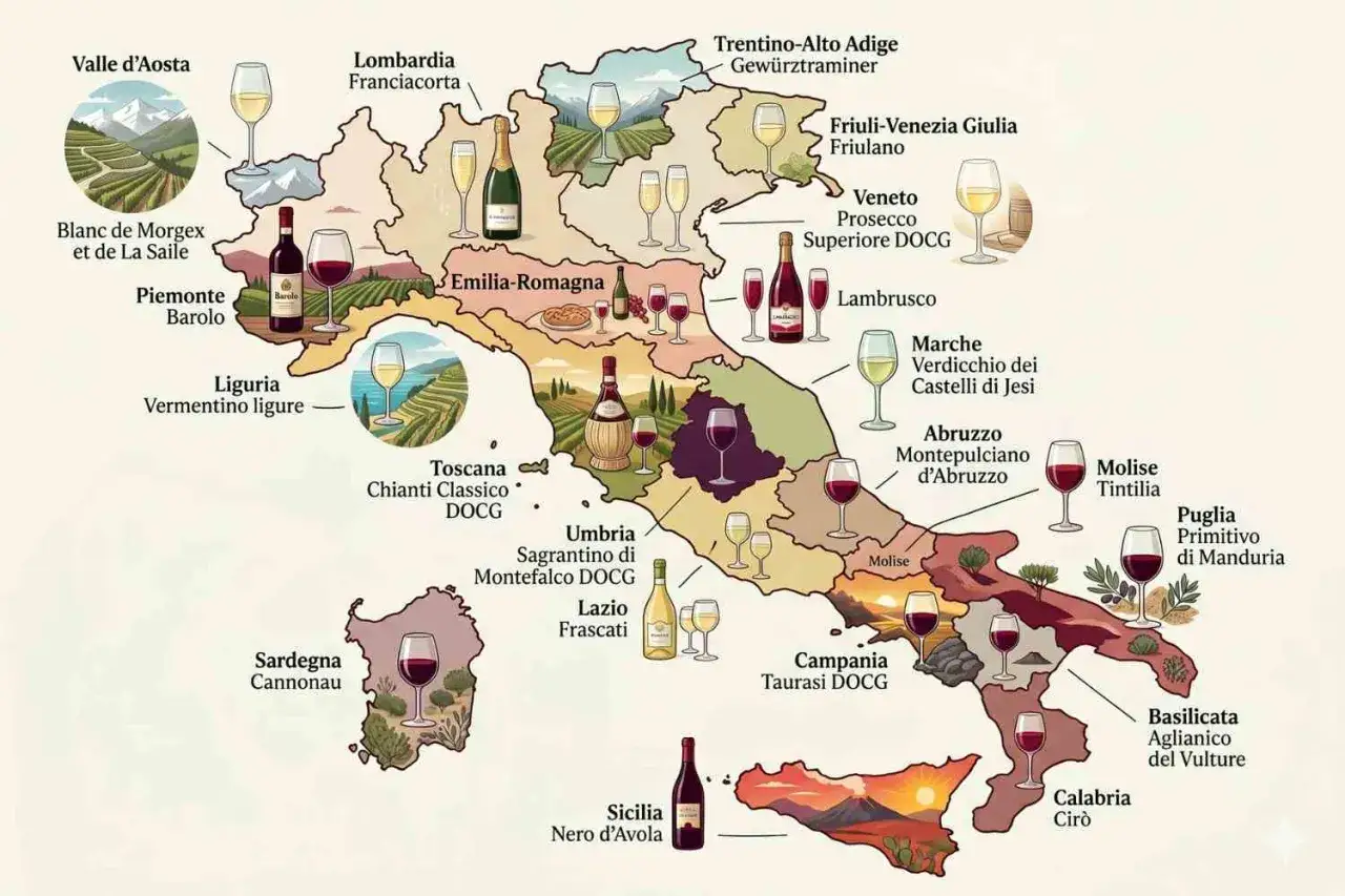 Mappa dei vini italiani con focus sui vini del sud Italia: Primitivo, Aglianico, Nero d'Avola, Taurasi e altri.