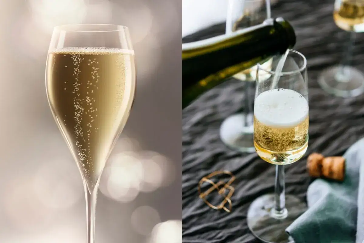 Calici pieni di vino spumante di qualità, con bollicine che salgono. Un brindisi alla gioia.