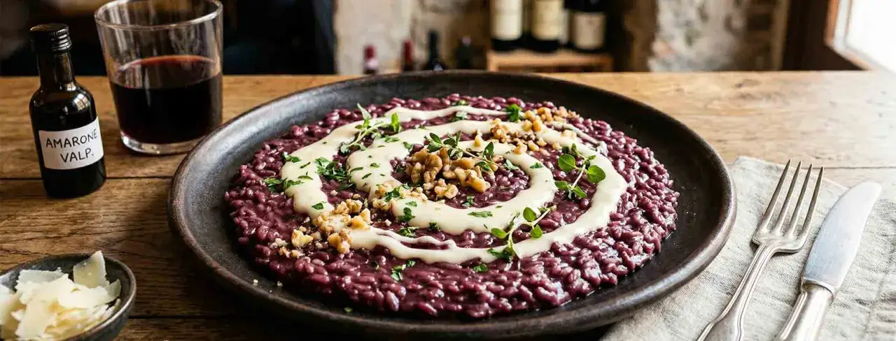 Risotto all'amarone cremoso, guarnito con noci e erbe fresche, accompagnato da un bicchiere di vino rosso e una bottiglietta di Amarone Valpolicella.