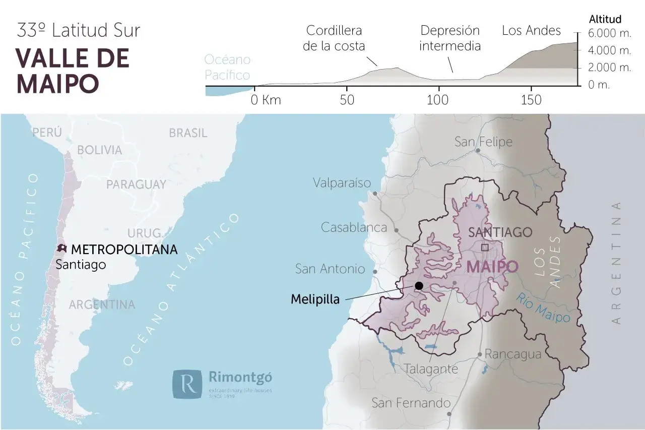 Mappa del Valle de Maipo, Cile, con profilo altimetrico e indicazione di Santiago. Zona rinomata per il vino cileno.