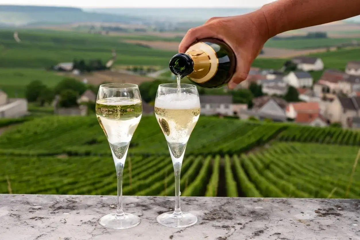 Versando vino in un bicchiere, con un altro pieno, su uno sfondo di vigneti. Un vino che spesso viene confuso con quello frizzante.