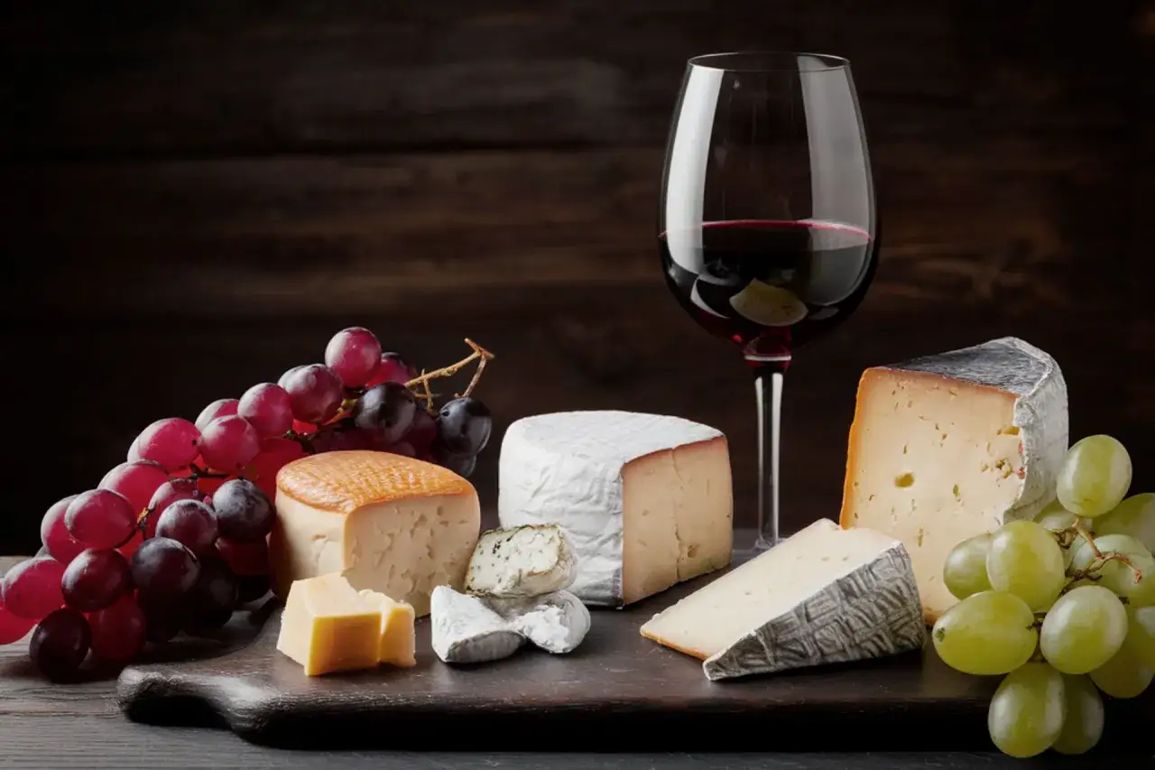 Assortimento di formaggi e uva, con un bicchiere di vino rosso, perfetto per accompagnare i vini trentini famosi.