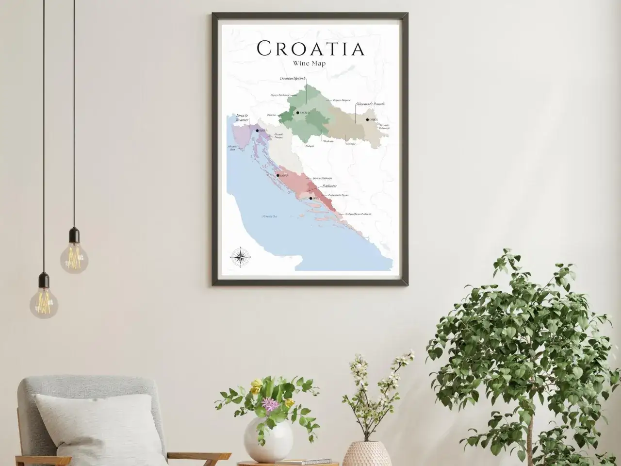Mappa dei vini croati, che mostra le regioni vinicole dell'Istria, Dalmazia, Slavonia e altre aree.
