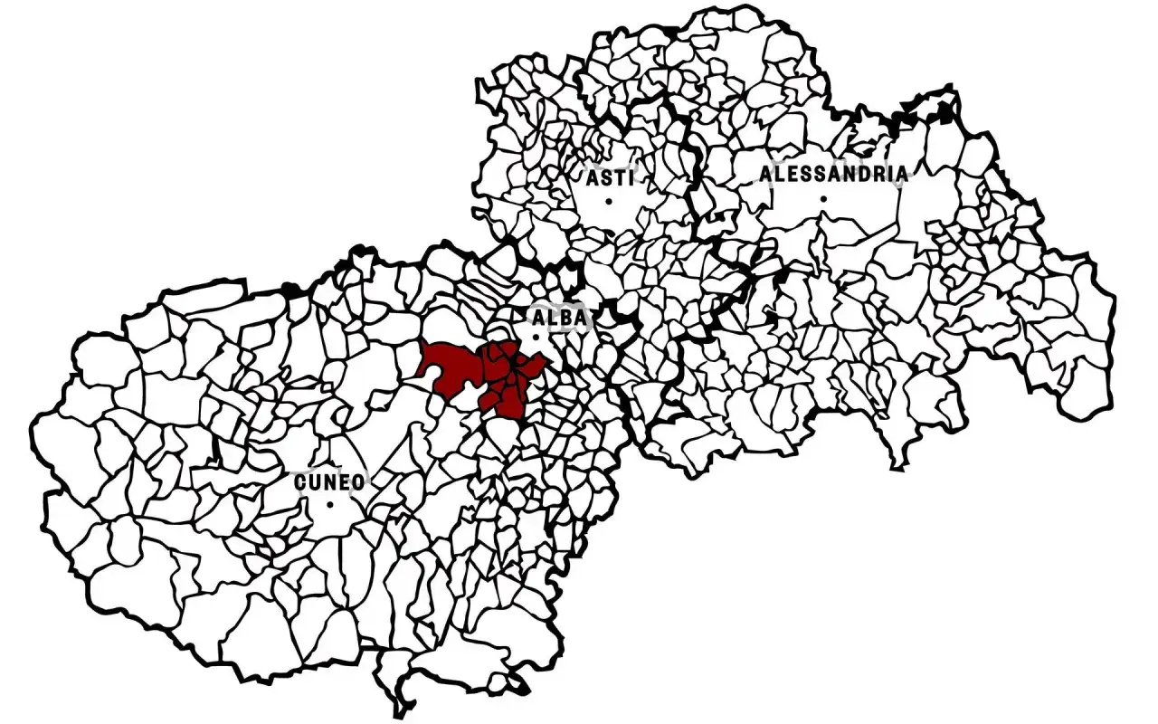 Mappa del Piemonte con evidenziata la zona dei migliori Barolo, vicino ad Alba.