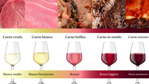 Abbinamenti ideali: carne cruda e bianca con bianchi, carne bollita con rosato, carne in umido e arrosto con vino rosso per carne.