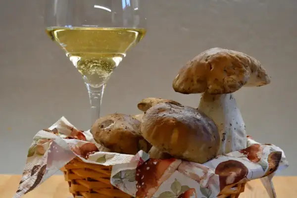 Un bicchiere di vino frizzante, perfetto vino da abbinare ai funghi porcini appena raccolti in un cestino.