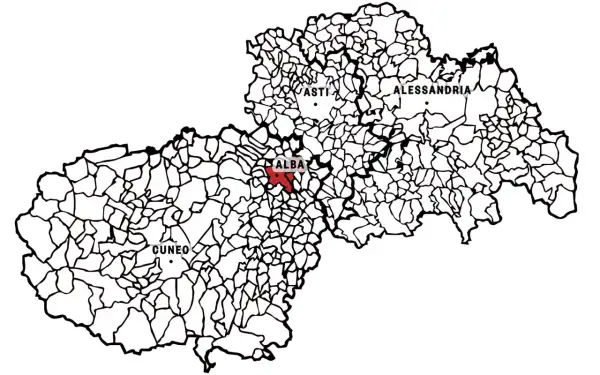 Mappa del Piemonte con evidenziata l'area di Alba, cuore del vitigno barbaresco.