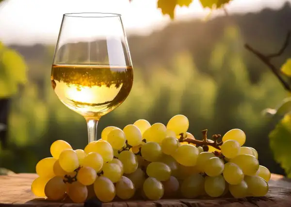 Calice di vino bianco dorato accanto a grappoli d'uva succosa, un'ode al miglior Lugana.