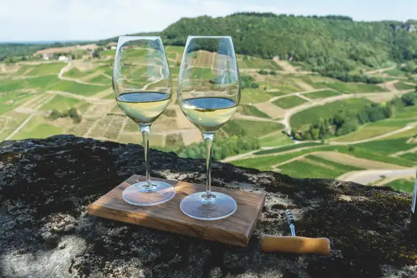 Due calici di vin jaune dorato, su un tagliere di legno, con un paesaggio di vigneti a terrazze sullo sfondo.
