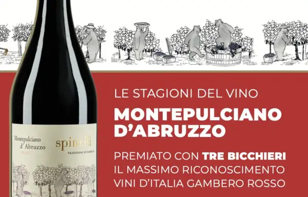 Bottiglia di Montepulciano d'Abruzzo, vino premiato con Tre Bicchieri Gambero Rosso. L'etichetta mostra orsi che lavorano nei vigneti.