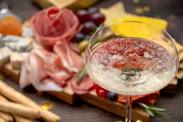 Un bicchiere di spumanti italiani famosi, con un tagliere di salumi, formaggi e uva sullo sfondo.