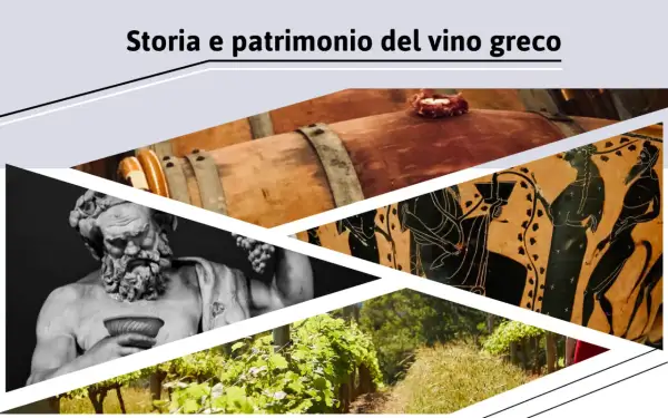 Statua di Dioniso, anfora greca, botti di vino e vigneti evocano la storia del vino limnio.