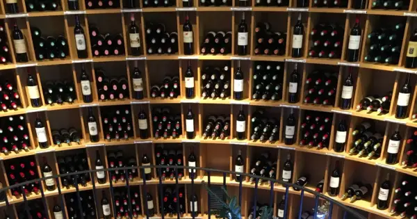Scaffali pieni di bottiglie di vino, tra cui un ottimo vino di Bordeaux, in una cantina.