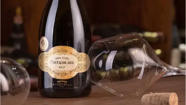 Bottiglia di spumante Gran Cuvée Particolare Brut, con calice rovesciato e tappo di sughero. Il "brut" indica la secchezza del vino.