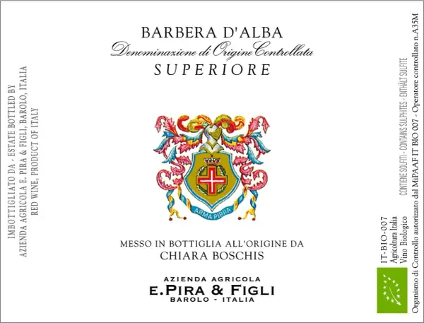 Wine label for Barbera d'Alba Superiore with a coat of arms and text.
