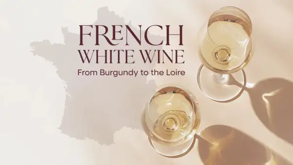 Due calici di **vini bianchi francesi famosi**, con la sagoma della Francia sullo sfondo.