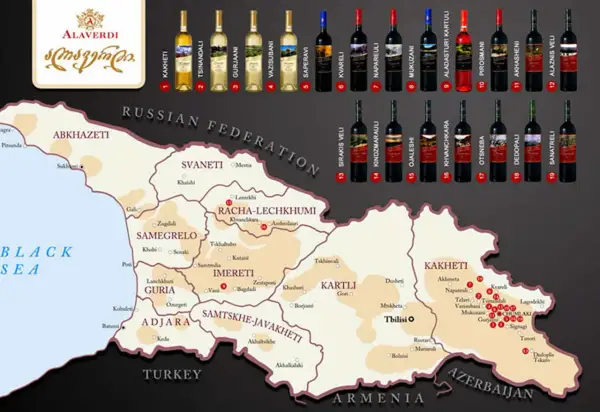Map of Georgia with wine regions and bottles of Georgian wine.