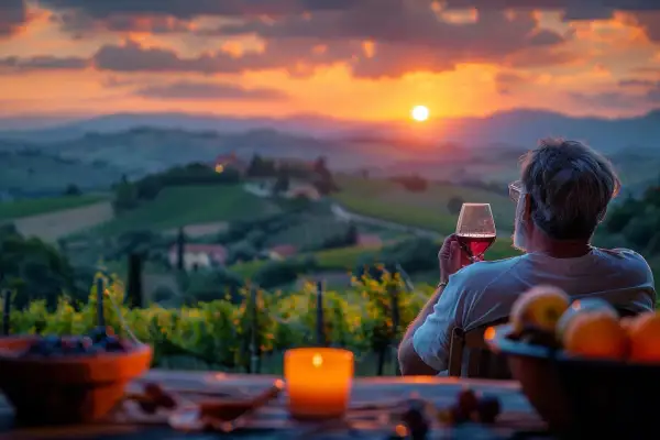 Uomo con bicchiere di vino rosso, ammira il tramonto su vigneti toscani, assaporando le migliori annate vino rosso Italia.