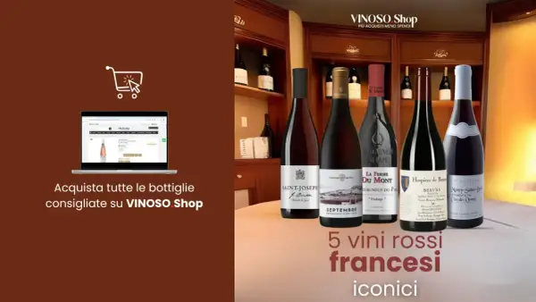 Cinque iconici migliori vini rossi francesi in esposizione, con un invito all'acquisto su VINOSO Shop.