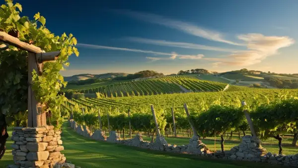 Vigneti lussureggianti sotto un cielo azzurro, con un sole dorato che illumina i filari. Il **saten significato** è qui, nella bellezza della natura e nella promessa di un buon vino.