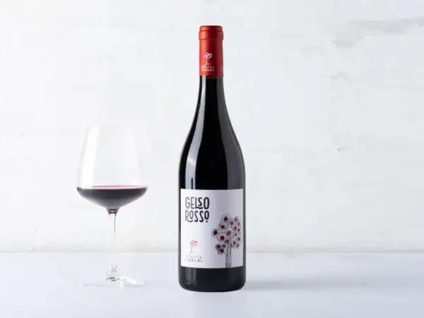 A bottle of red wine and a glass of red wine on a white surface.