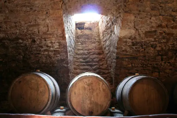 Cantine in pietra con botti di legno, un raggio di luce illumina la scala. Un'atmosfera che evoca il **Rodano, Francia**, e i suoi vini pregiati.