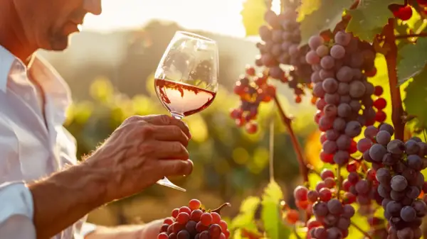 Uomo in vigneto al tramonto, con un bicchiere di vino rosato che riflette i grappoli d'uva. Un assaggio di Chianti Classico.