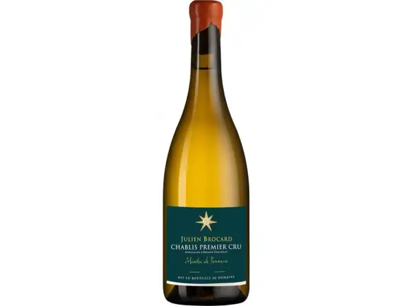 Bottiglia di Chablis Premier Cru Julien Brocard, Montee de Tonnerre, con etichetta verde scuro e sigillo arancione.
